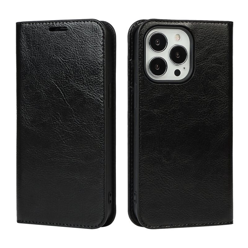 Coque portefeuille en cuir Veritable iPhone 12/iPhone 12 Pro, Noir - Étui portefeuille en cuir avec porte-cartes