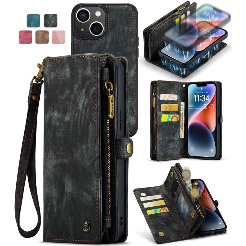 CaseMe Étui portefeuille multi-cartes iPhone 13 Mini, Gris - Étui pour téléphone portable avec de nombreux emplacements pour cartes