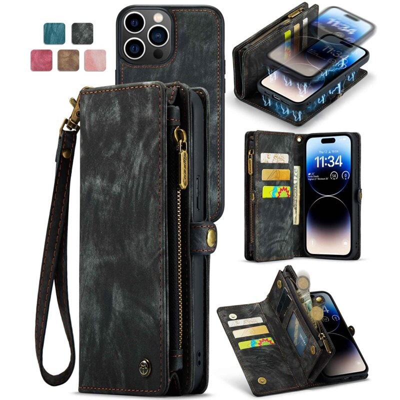 CaseMe Étui portefeuille multi-cartes iPhone 13 Pro, Gris - Étui pour téléphone portable avec de nombreux emplacements pour cartes