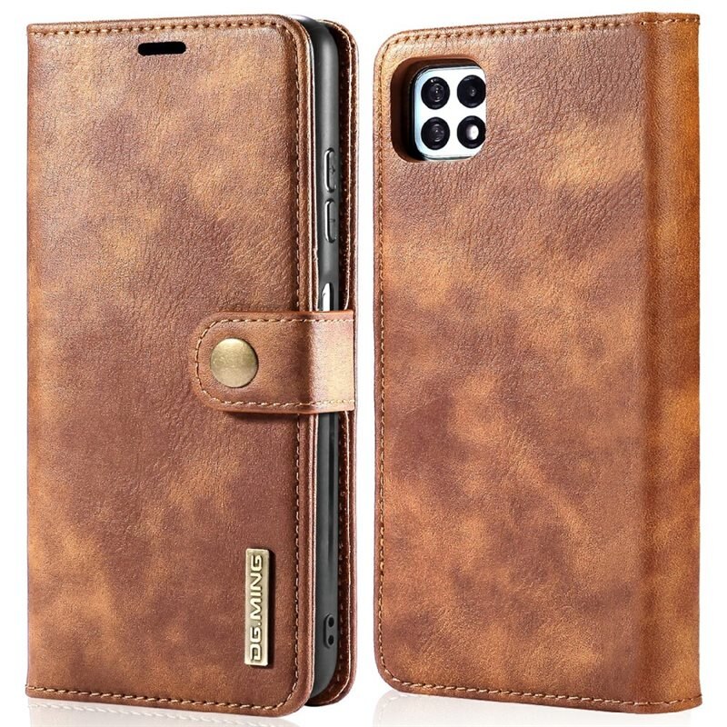 DG.MING Étui portefeuille Magnet Wallet Samsung Galaxy A22 5G, Cognac - Étui en cuir élégant avec coque magnétique amovible