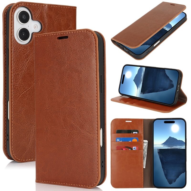 Coque portefeuille en cuir Veritable iPhone 16 Plus, Marron - Étui portefeuille en cuir avec porte-cartes