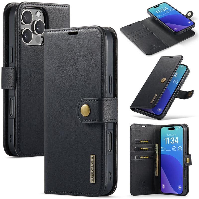 DG.MING Étui portefeuille Magnet Wallet iPhone 16 Pro Max, Black - Étui en cuir élégant avec coque magnétique amovible