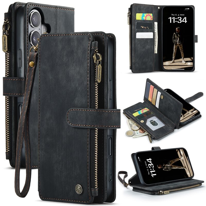 CaseMe Étui portefeuille à glissière iPhone 16, Noir - Coque de téléphone mince avec portefeuille