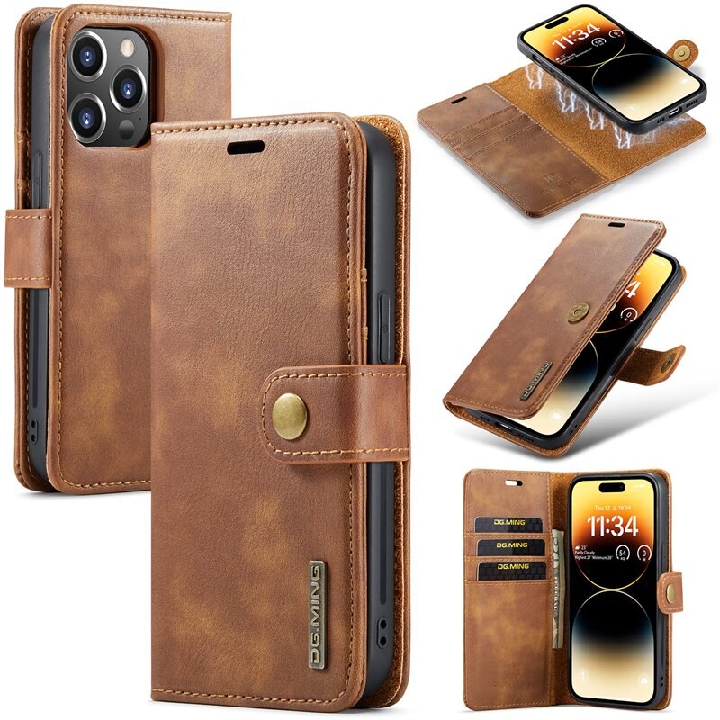 DG.MING Étui portefeuille Magnet Wallet iPhone 14 Pro Max, Cognac - Étui en cuir élégant avec coque magnétique amovible