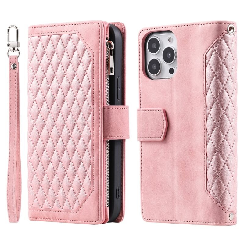 Étui portefeuille matelassée pour iPhone 16 Pro Max, Rose - Portefeuille de téléphone portable pour femme