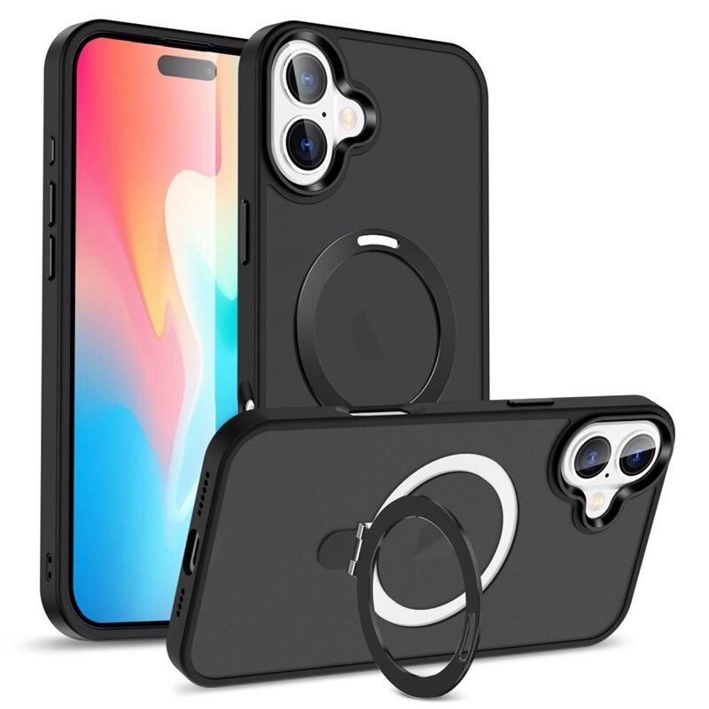 Coque hybride MagSafe Ring iPhone 16, Noir - Étui élégant avec bague magnétique rétractable