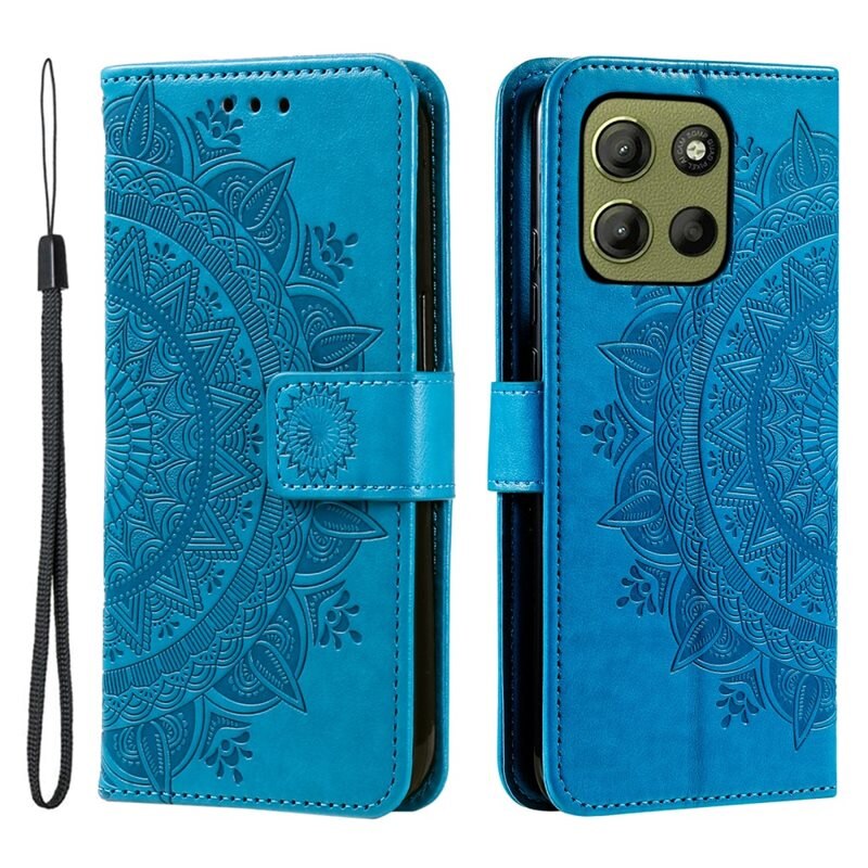 Étui en cuir Mandala Motorola Moto G15, bleu - Étui de portefeuille élégant avec motif