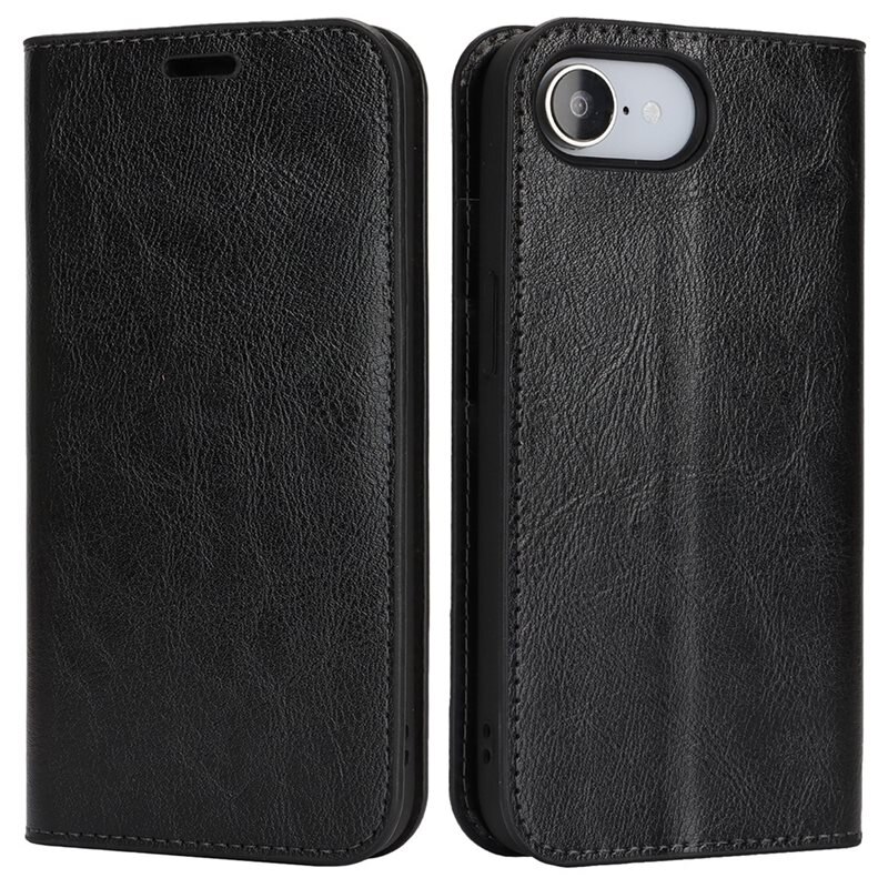 Coque portefeuille en cuir Veritable iPhone 16e, Noir - Étui portefeuille en cuir avec porte-cartes
