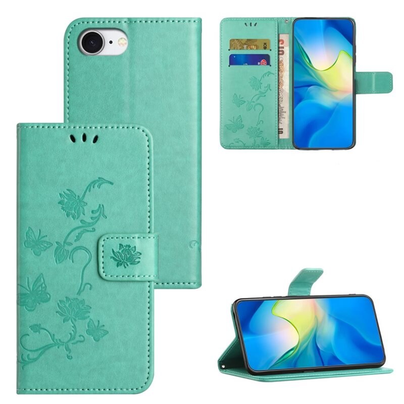 Étui en cuir à papillons pour iPhone 16e, Vert - Étui de portefeuille élégant avec motif
