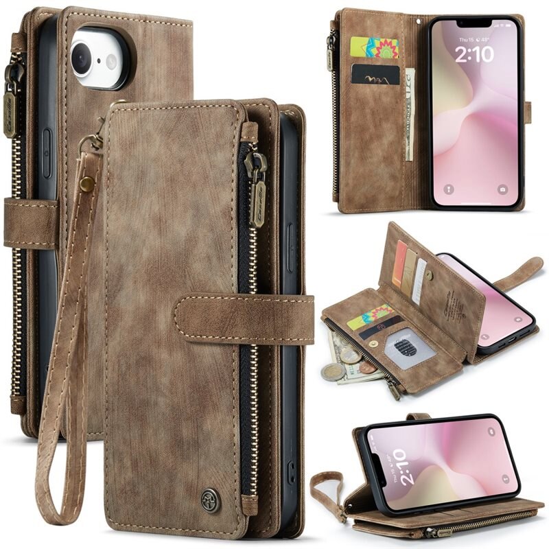 CaseMe Étui portefeuille à glissière iPhone 16e, Marron - Coque de téléphone mince avec portefeuille