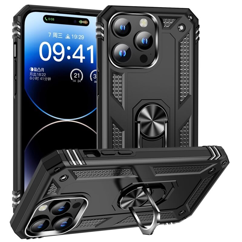 Coque hybride Tech Ring iPhone 15 Pro Max, noir - Coque cool résistante aux chocs avec anneau de maintien