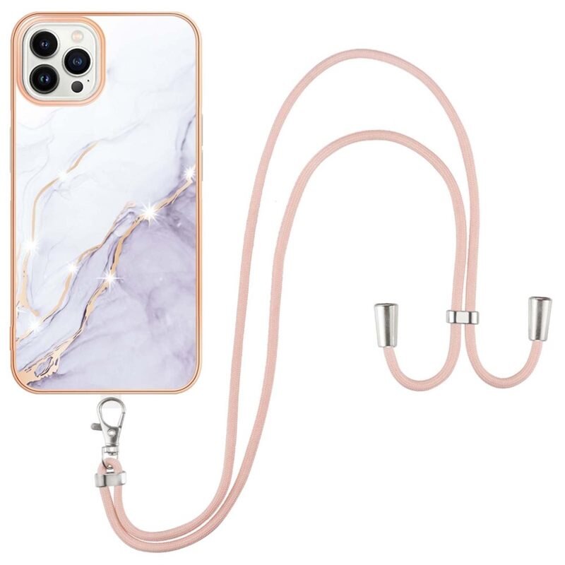 Coque cordon iPhone 15 Pro Max, marbre blanc - Coque avec une sangle pratique