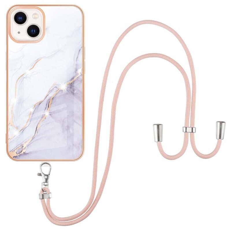 Coque cordon iPhone 15, marbre blanc - Coque avec une sangle pratique