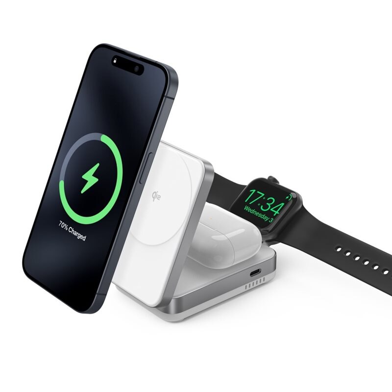 Compact 3-en-1 Qi2 Station de Charge Magnétique Sans Fil Pliable, Blanc