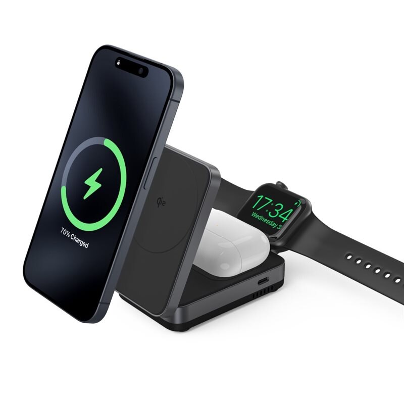 Compact 3-en-1 Qi2 Station de Charge Magnétique Sans Fil Pliable, Noir