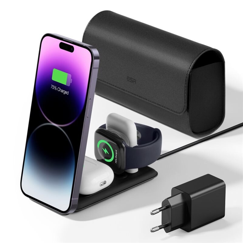 ESR HaloLock Qi2 3-en-1 Ensemble de Charge Sans Fil de Voyage avec Pochette, noir