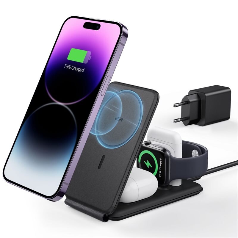 ESR HaloLock Qi2 3-en-1 Ensemble de Charge Sans Fil de Voyage, noir