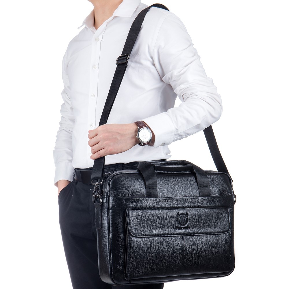 Sac pour ordinateur portable en cuir avec bandoulière, noir