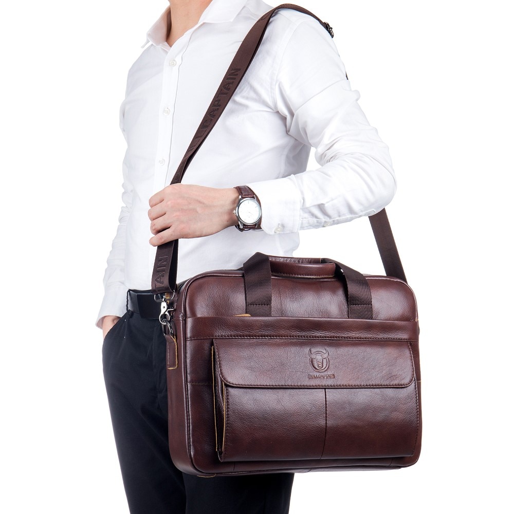 Sac pour ordinateur portable en cuir avec bandoulière, marron