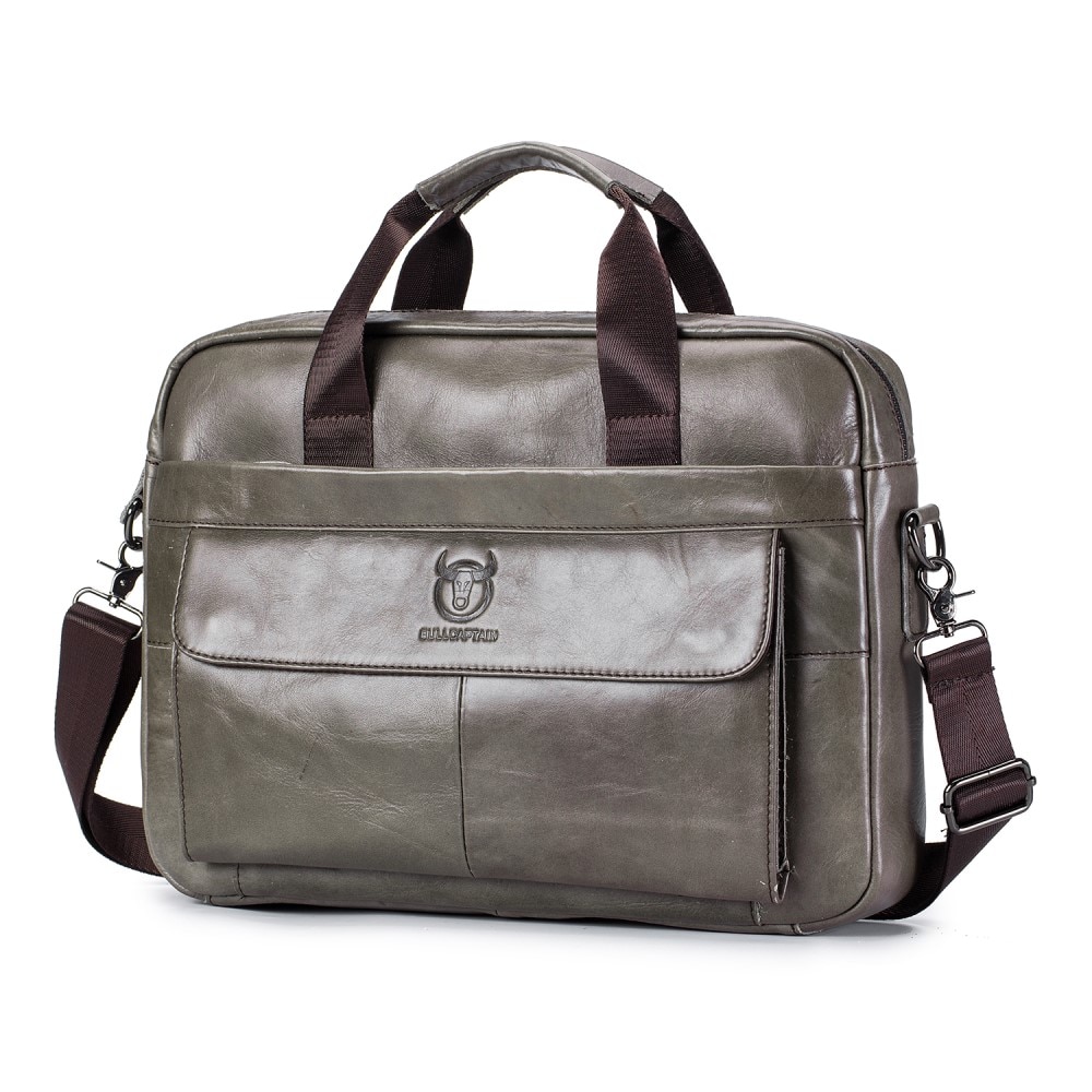 Sac pour ordinateur portable en cuir avec bandoulière, gris