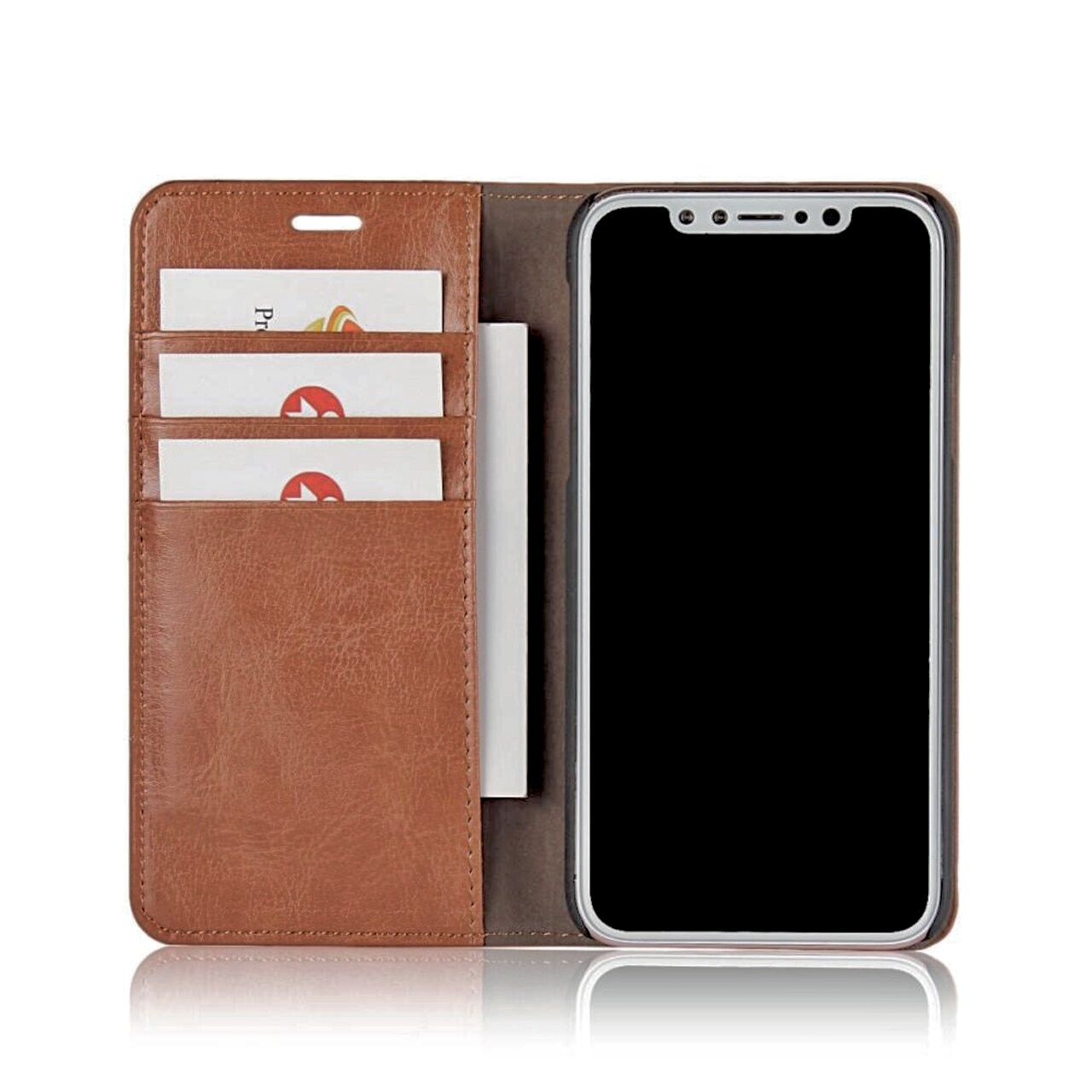 Coque portefeuille en cuir Veritable iPhone X/XS, Marron