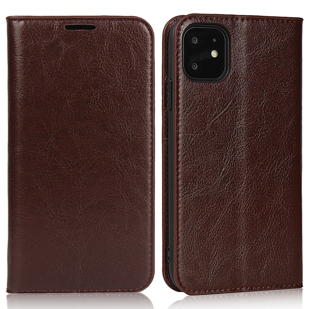 Coque portefeuille en cuir Veritable iPhone 11, marron foncé