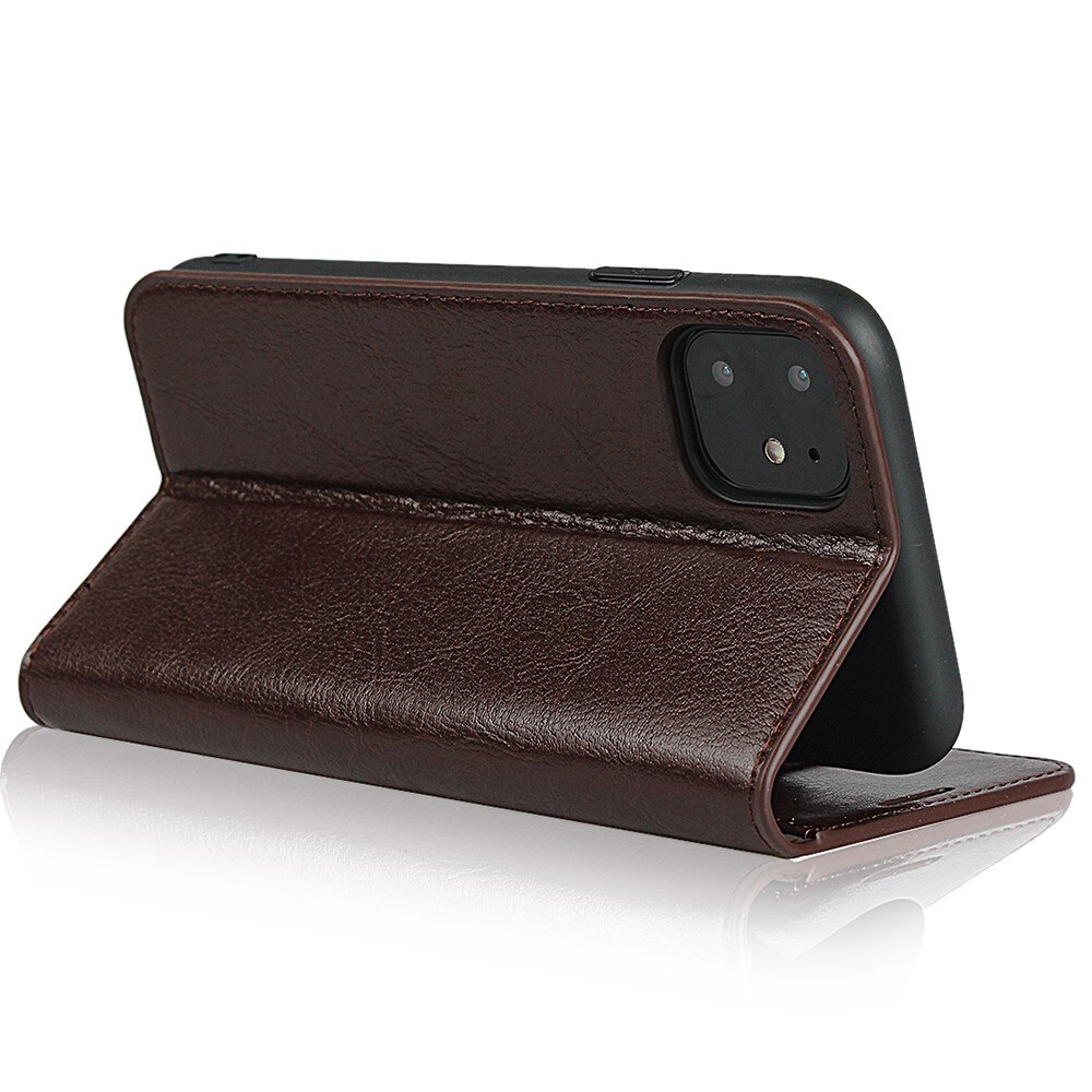 Coque portefeuille en cuir Veritable iPhone 11, marron foncé