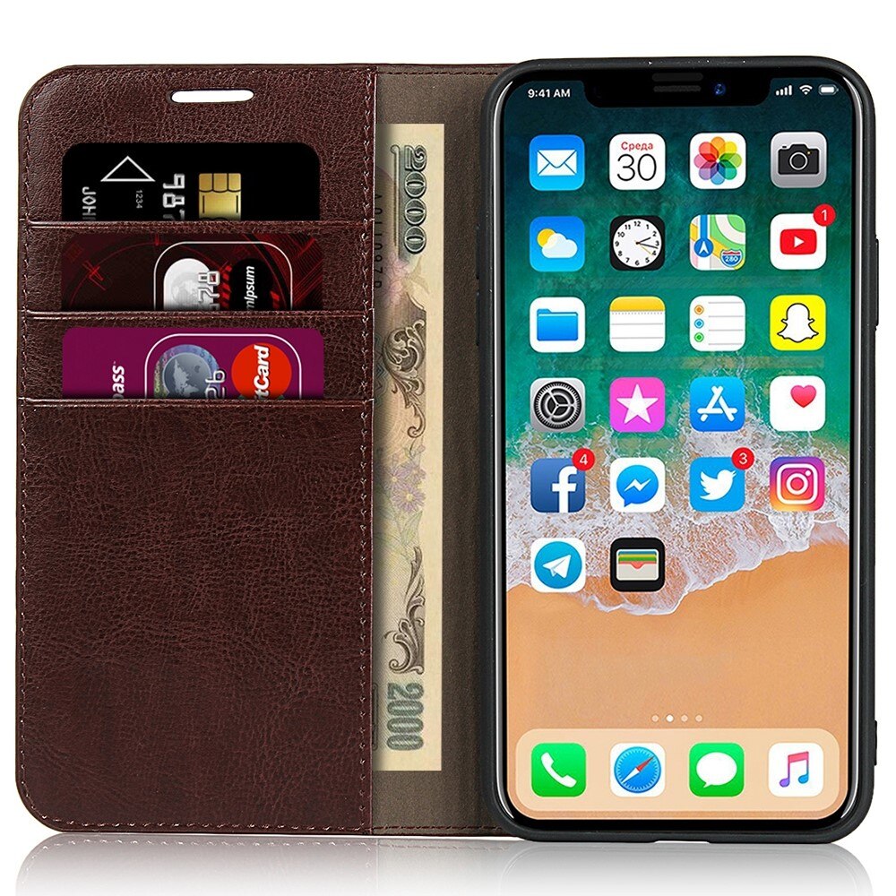 Coque portefeuille en cuir Veritable iPhone Xr, Marron foncé