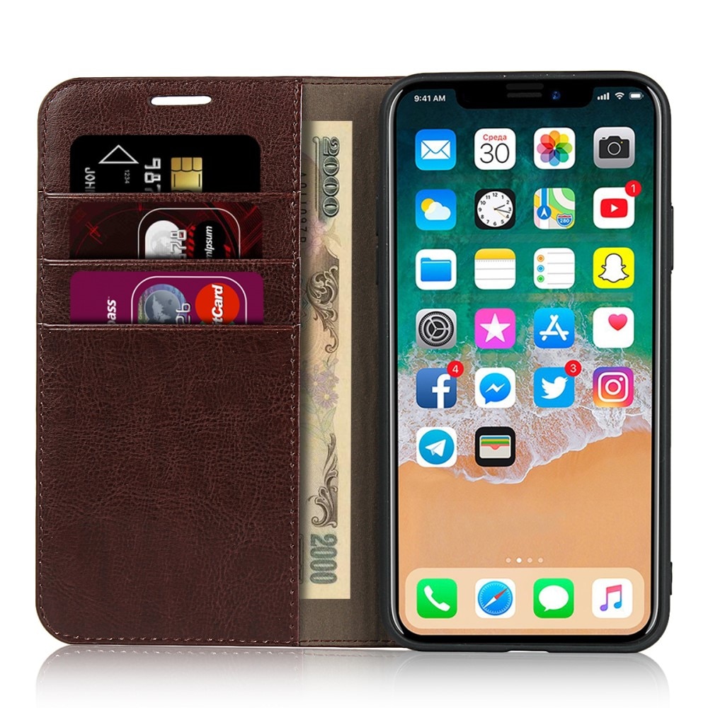 Coque portefeuille en cuir Veritable iPhone 11 Pro, Marron foncé