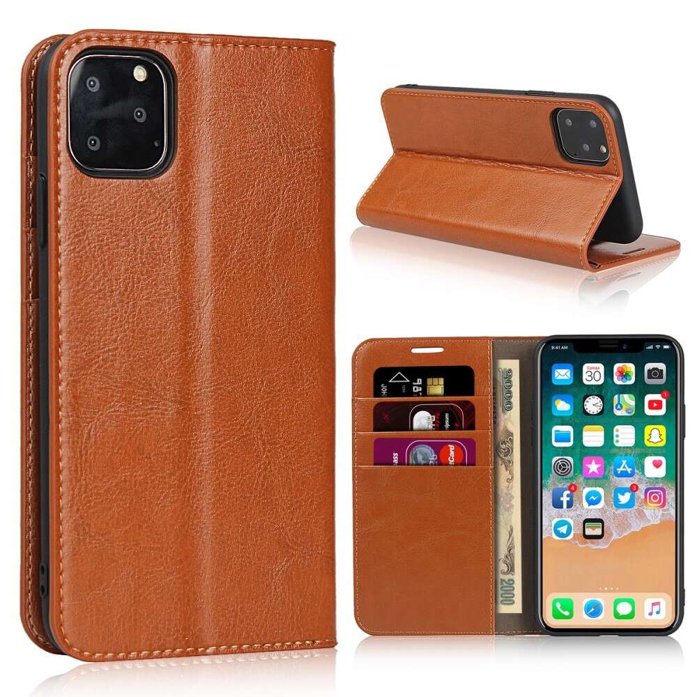 Coque portefeuille en cuir Veritable iPhone 11 Pro, marron
