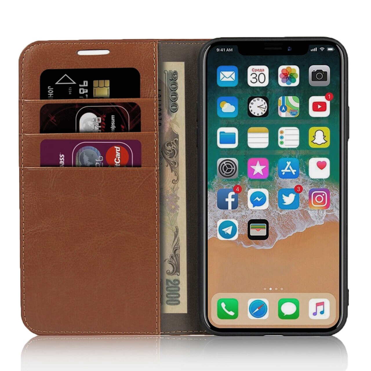 Coque portefeuille en cuir Veritable iPhone 11 Pro, Marron