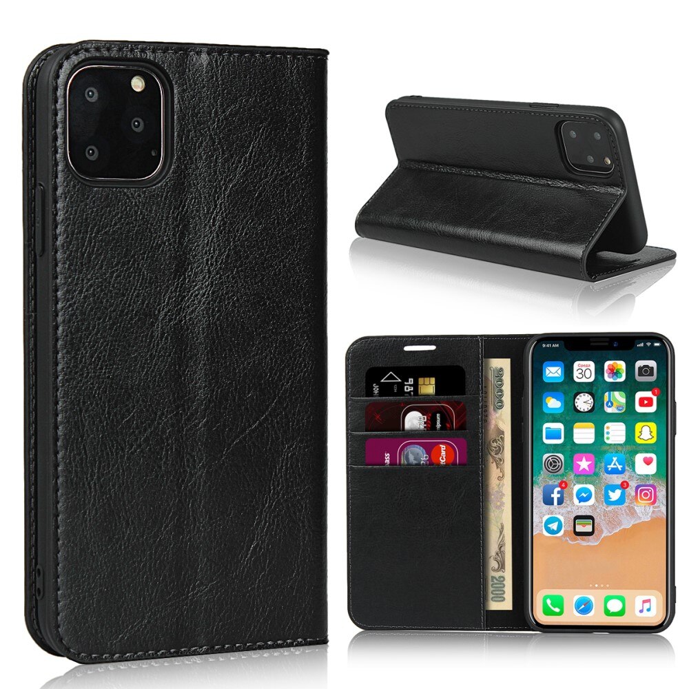 Coque portefeuille en cuir Veritable iPhone 11 Pro, Noir