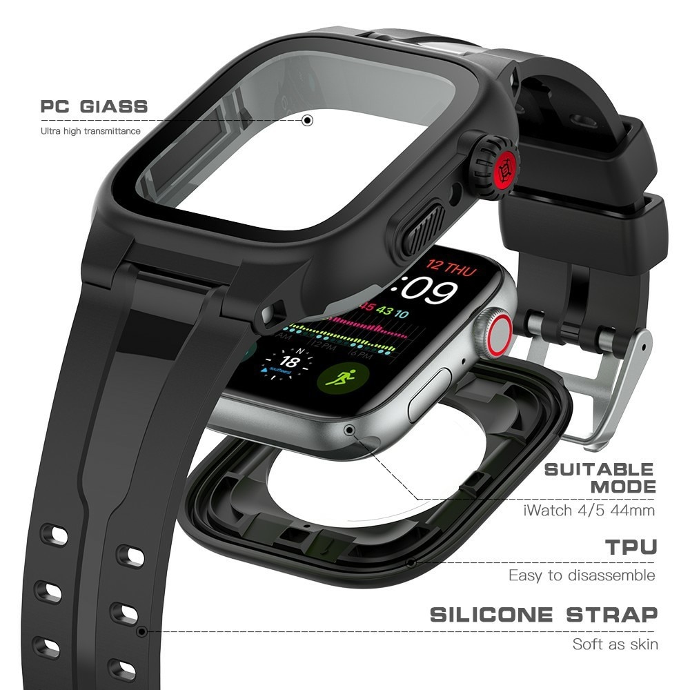 Coque étanche avec Bracelet en silicone pour Apple Watch 44mm, noir