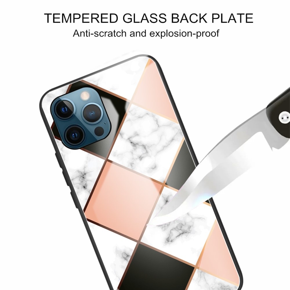 Coque en verre trempé iPhone 13 Pro Rose marbré géométrique