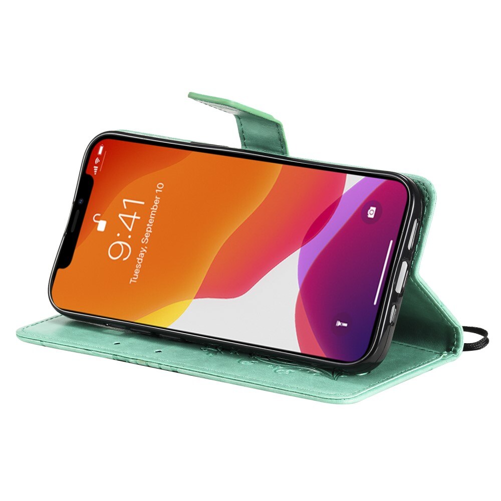 Étui en cuir à papillons pour iPhone 13, Vert