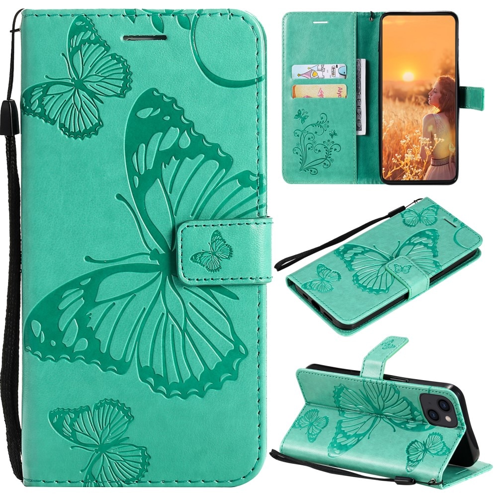 Étui en cuir à papillons pour iPhone 13, vert