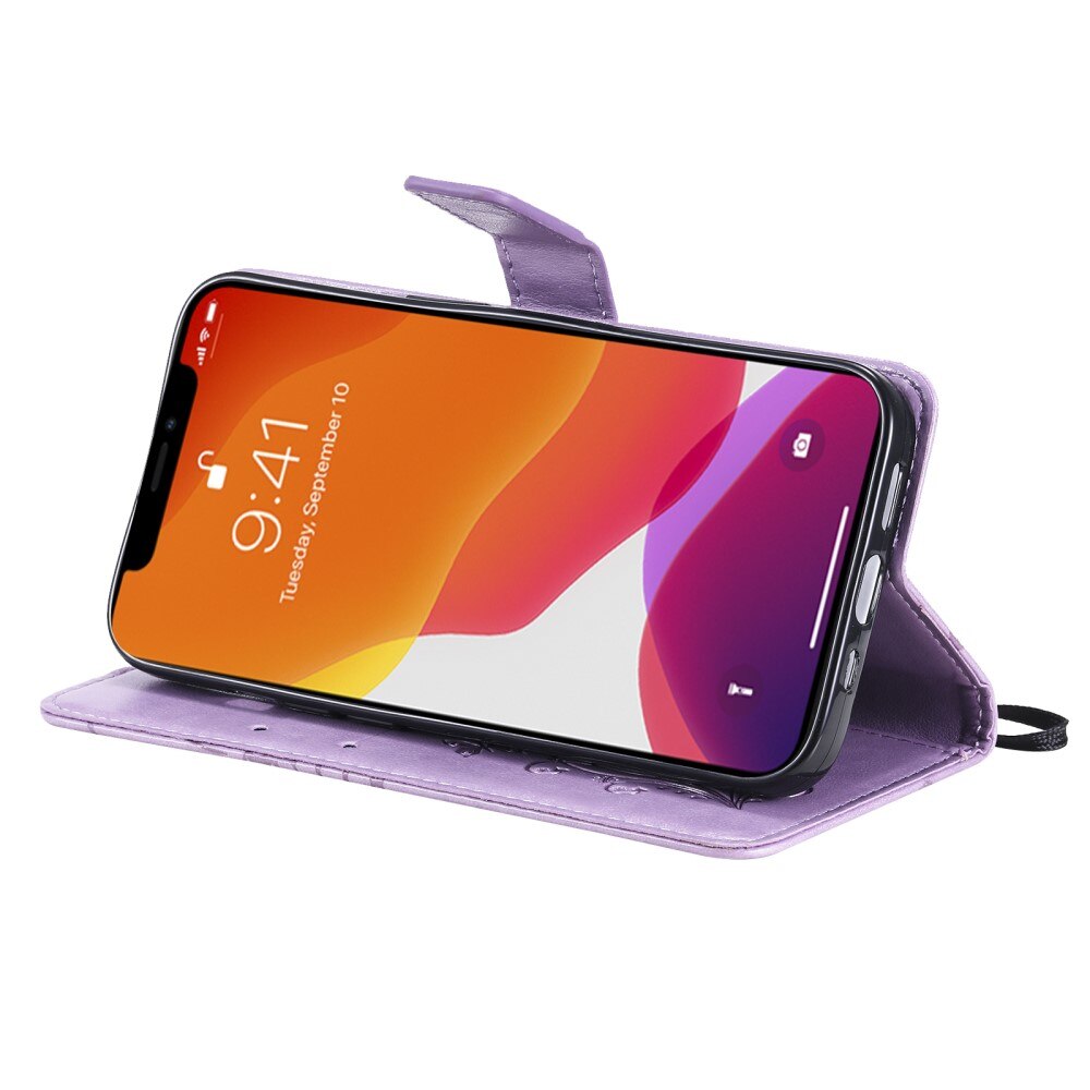 Étui en cuir à papillons pour iPhone 13, violet