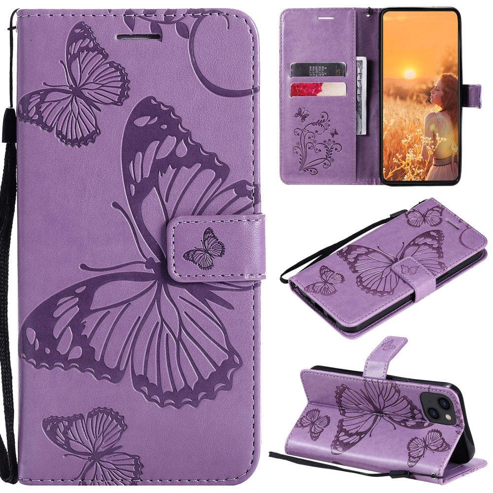 Étui en cuir à papillons pour iPhone 13, violet