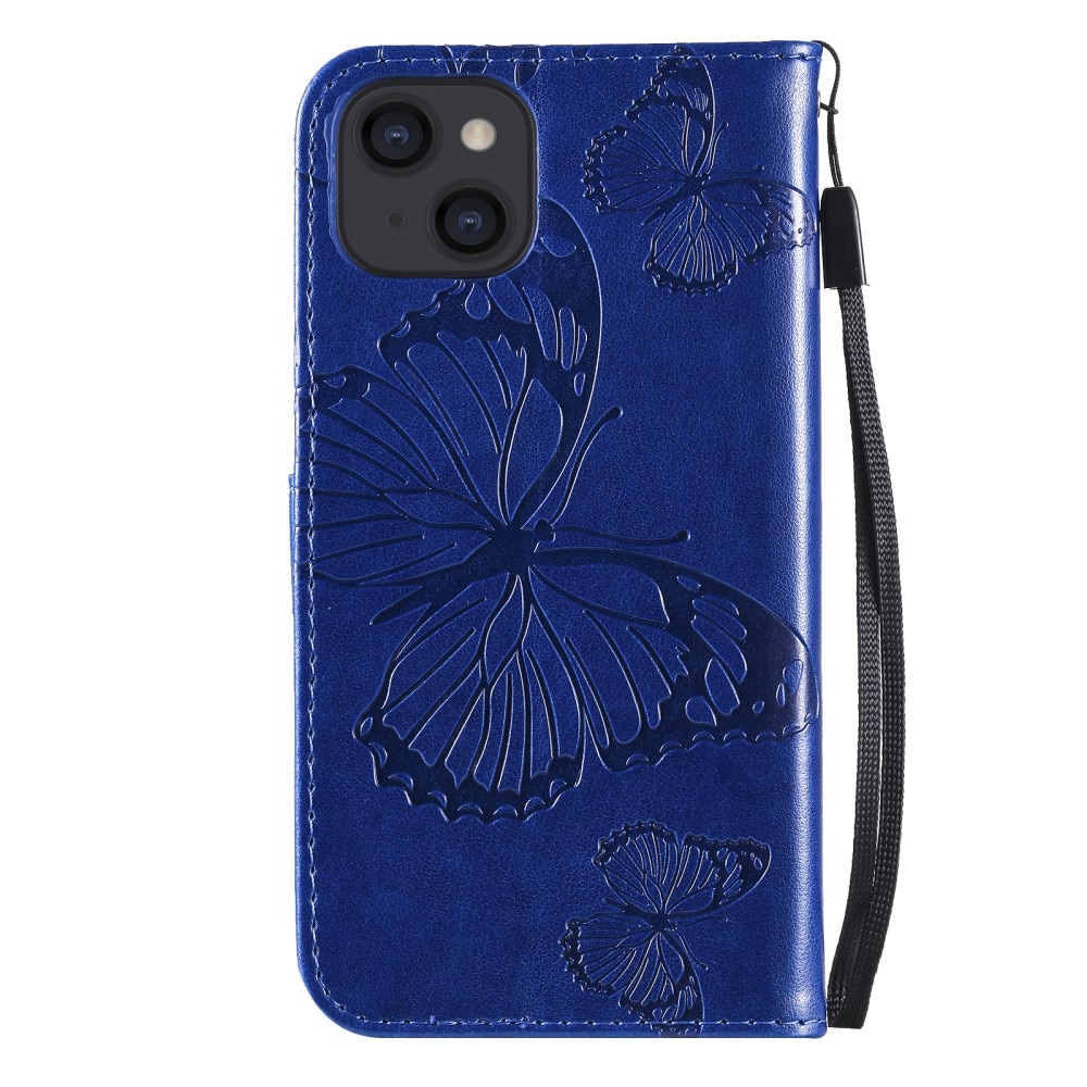 Étui en cuir à papillons pour iPhone 13, Bleu