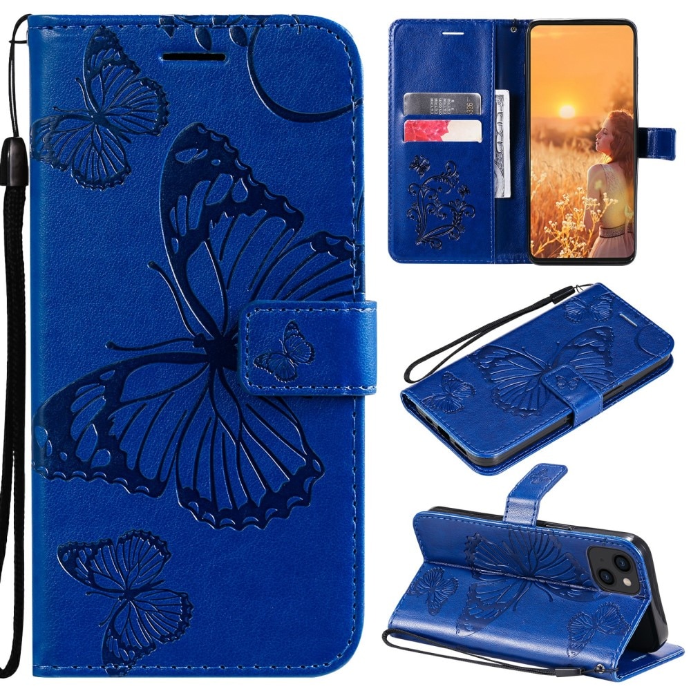 Étui en cuir à papillons pour iPhone 13, bleu