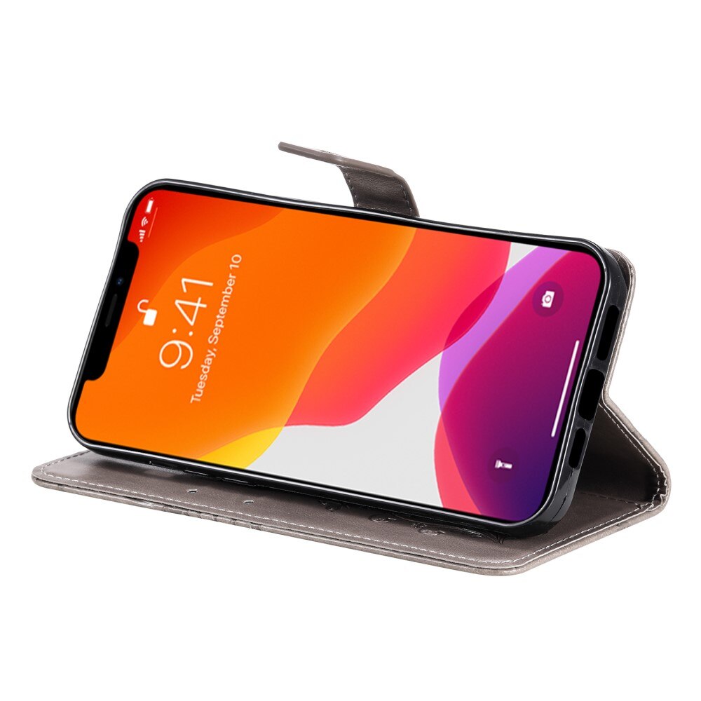 Étui en cuir à papillons pour Apple iPhone 13 Pro, Gris