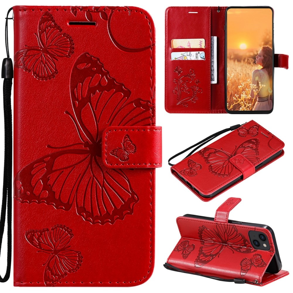 Étui en cuir à papillons pour iPhone 13 Mini, Rouge
