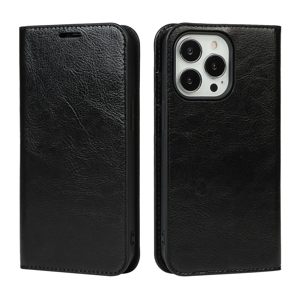 Coque portefeuille en cuir Veritable iPhone 13 Pro, noir