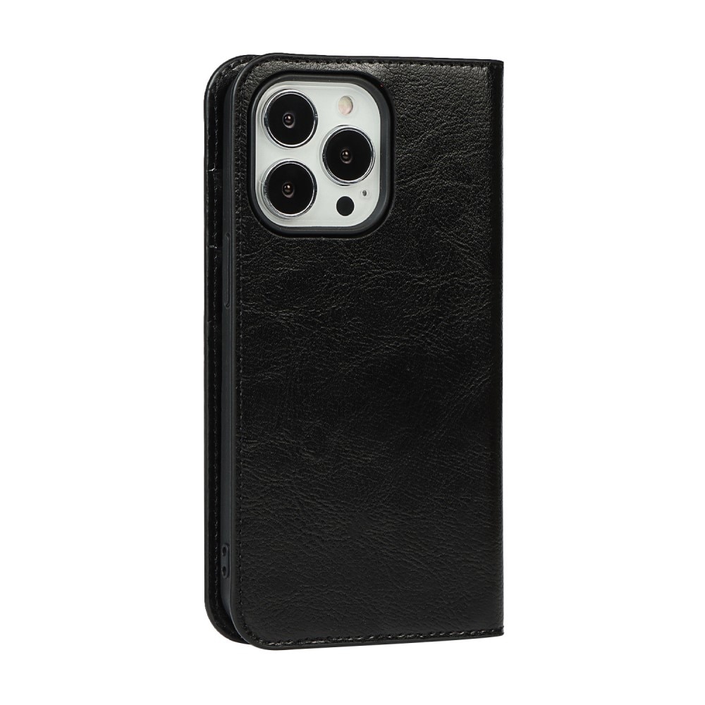 Coque portefeuille en cuir Veritable iPhone 13 Pro, noir