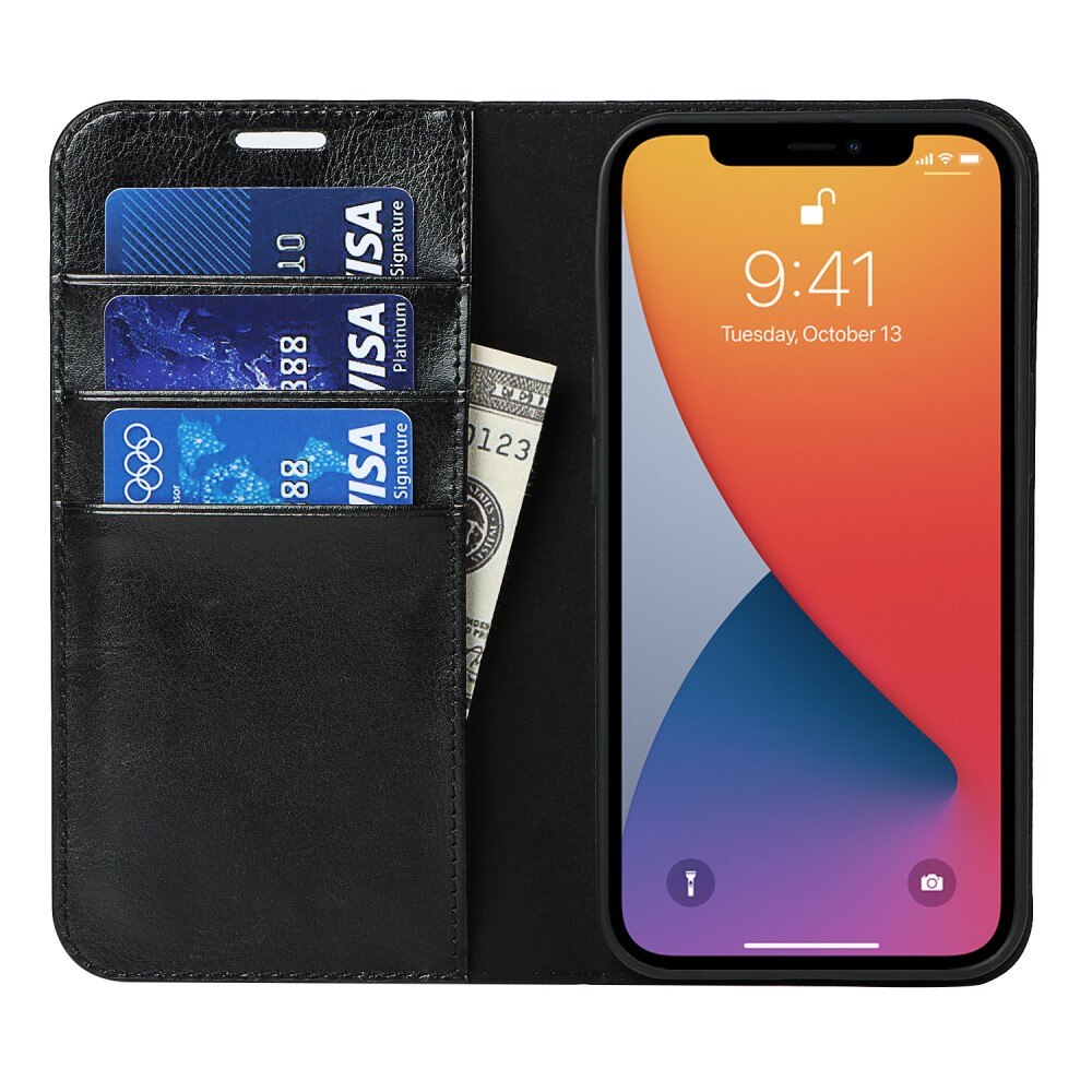 Coque portefeuille en cuir Veritable iPhone 12/iPhone 12 Pro, Noir