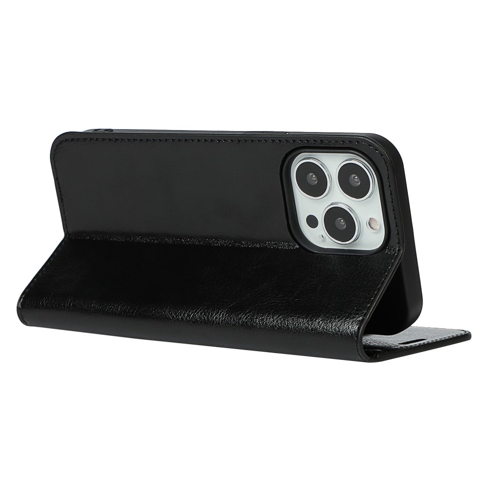 Coque portefeuille en cuir Veritable iPhone 13 Pro, noir