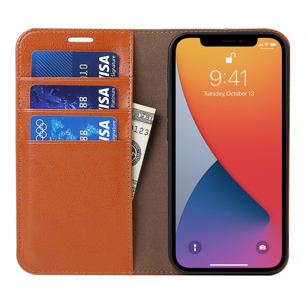 Coque portefeuille en cuir Veritable iPhone 12/iPhone 12 Pro, Marron