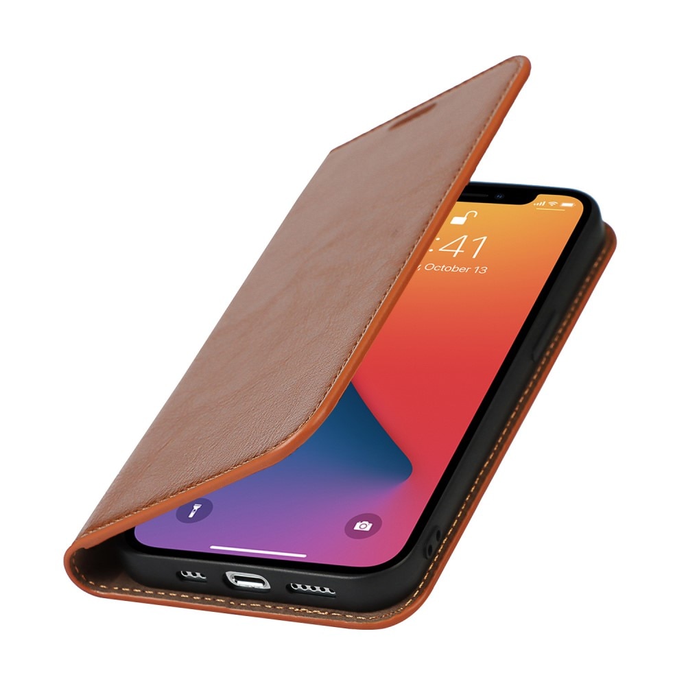 Coque portefeuille en cuir Veritable iPhone 12/12 Pro, marron