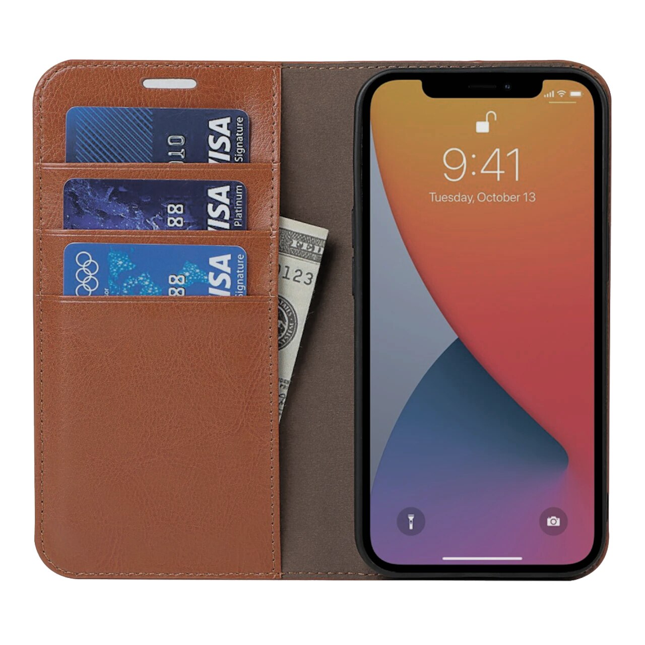 Coque portefeuille en cuir Veritable iPhone 13 Pro, Marron