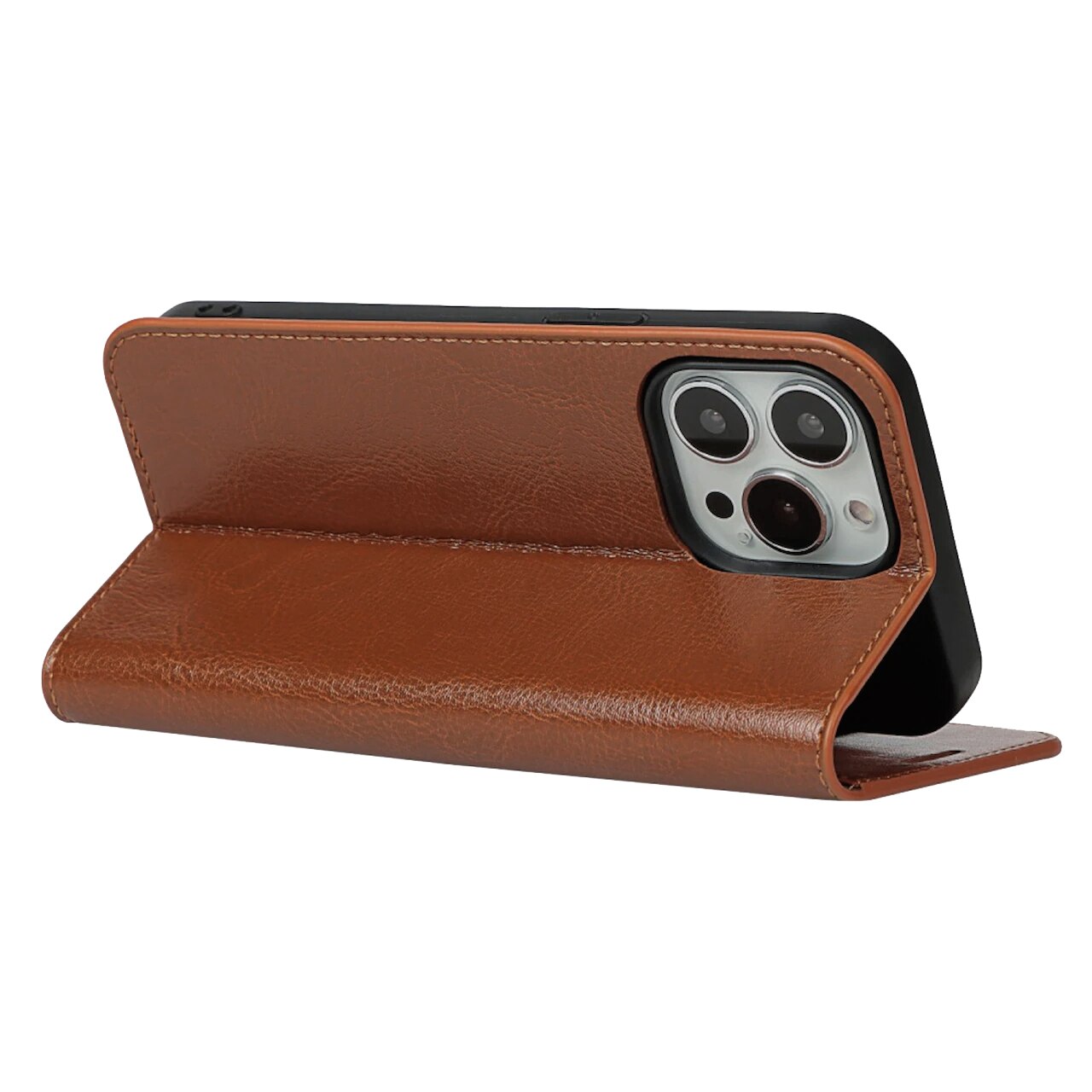 Coque portefeuille en cuir Veritable iPhone 13 Pro, marron